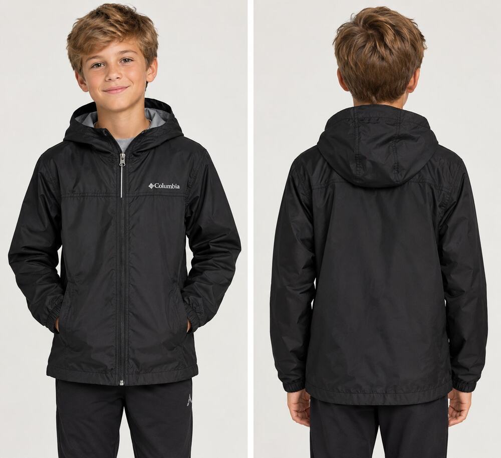 Columbia Boys Black Hooded Full Zip Lightweight Windbreaker Jacket